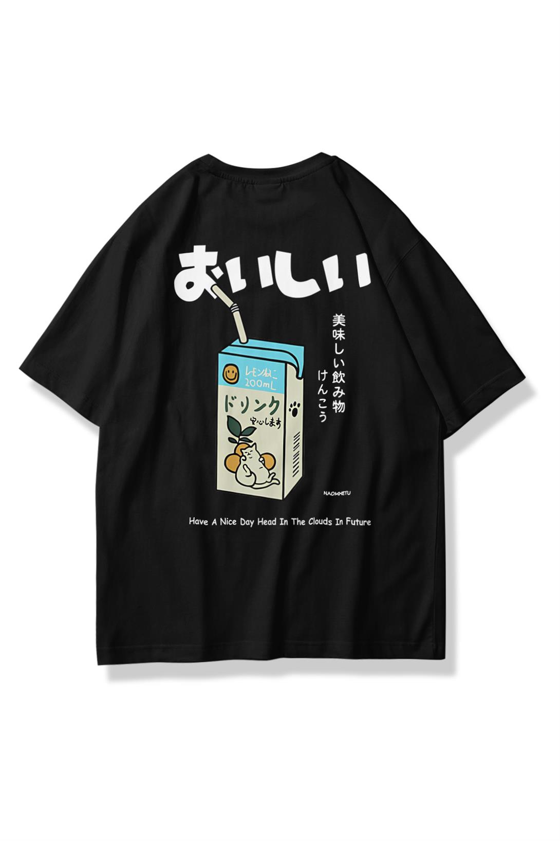 Unisex Cat Lemon Juice Tshirt Siyah