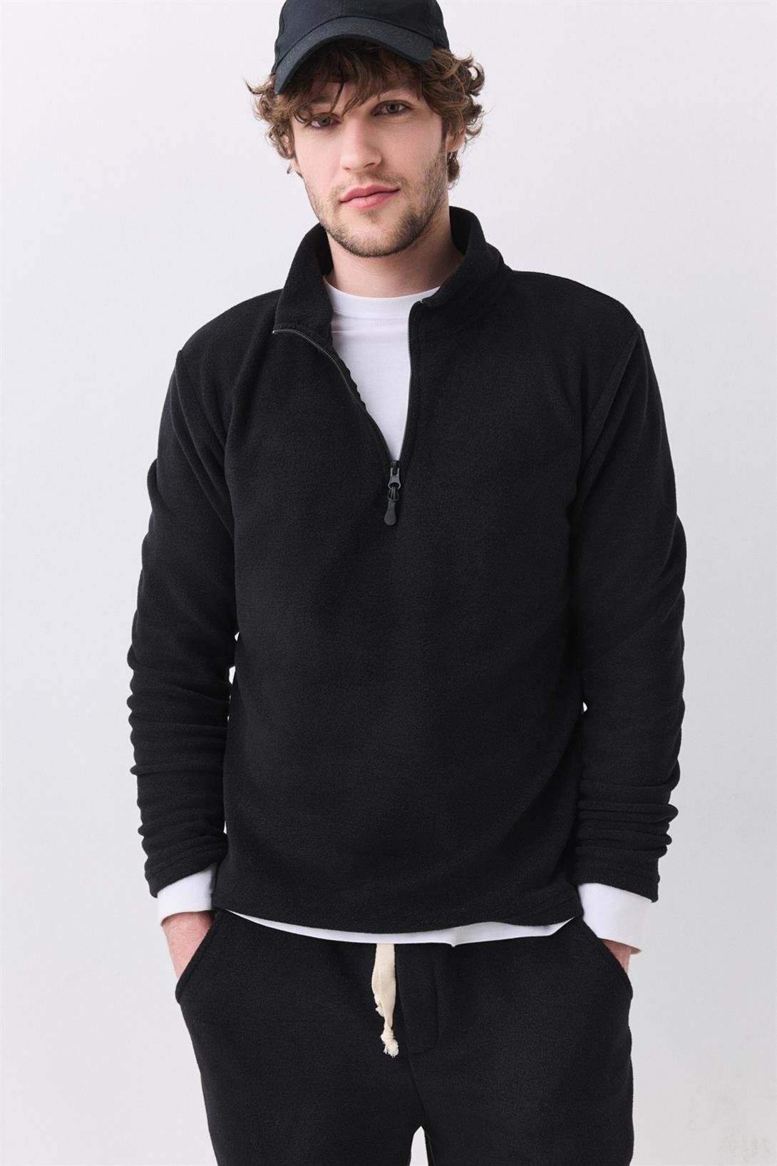 Erkek Polar Dik Yaka Sweatshirt Siyah 2051