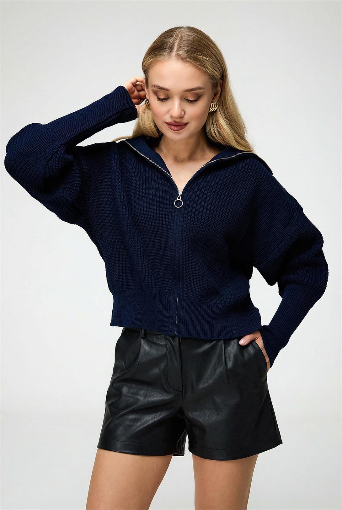 Kadın Fermuarlı Balıkçı Yaka Triko Hırka Lacivert 6919