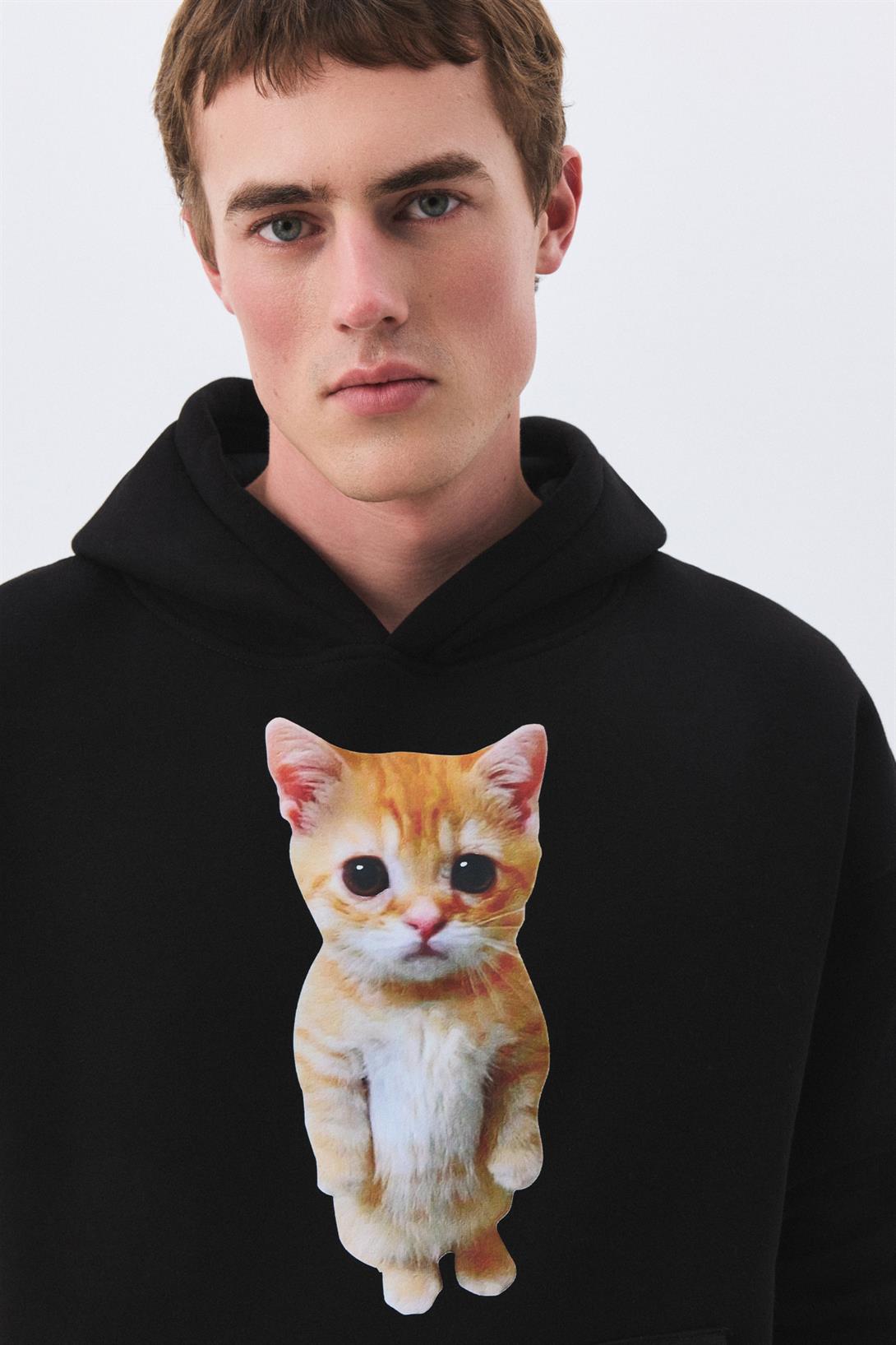 Unisex Sad Cat Sweatshirt Siyah