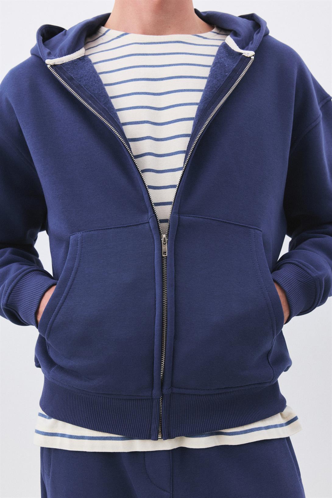 Erkek Premium Fermuarlı Kapşonlu Sweatshirt İndigo 2032