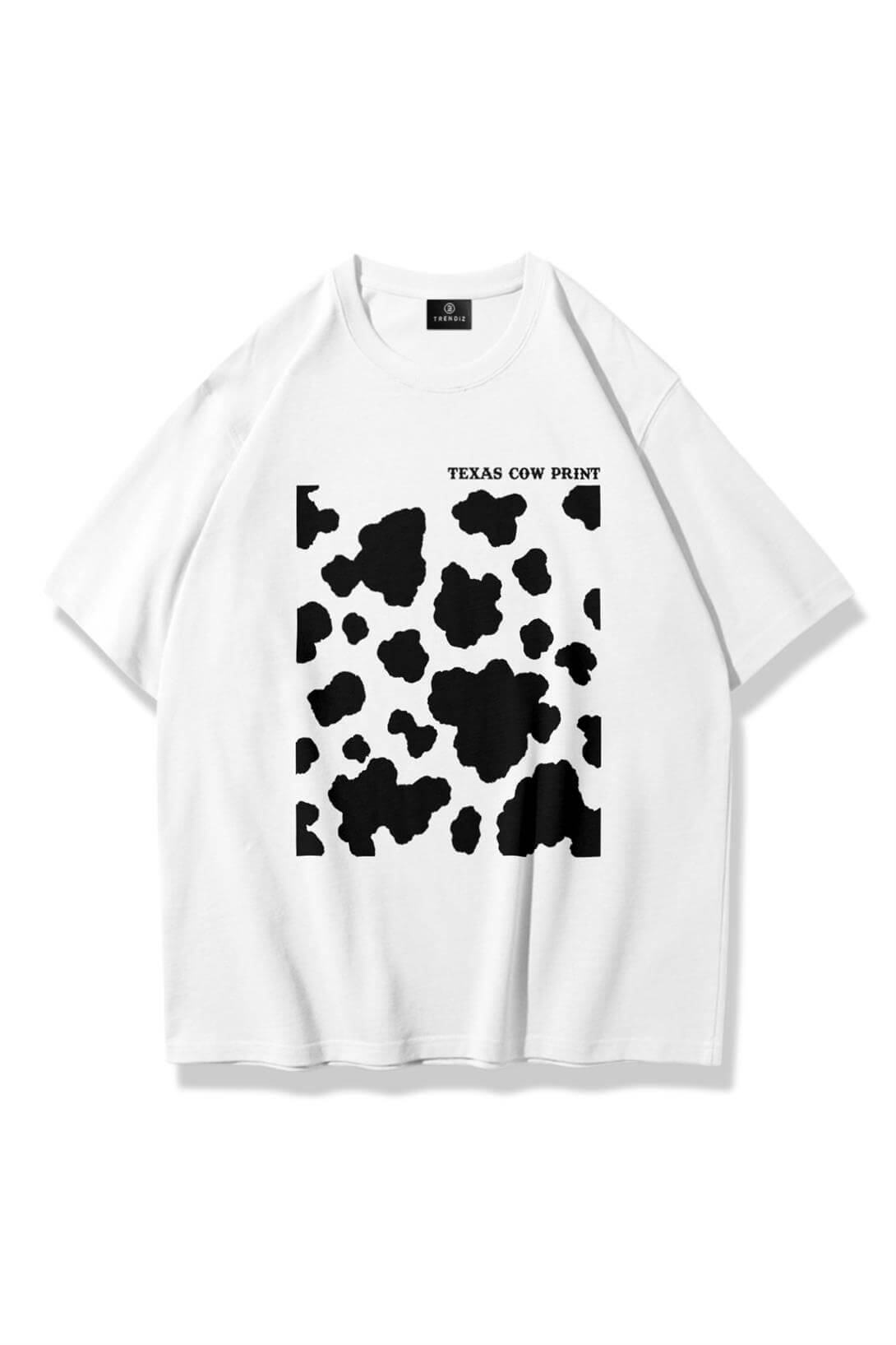 Unisex Texas Cow Print Tshirt Beyaz