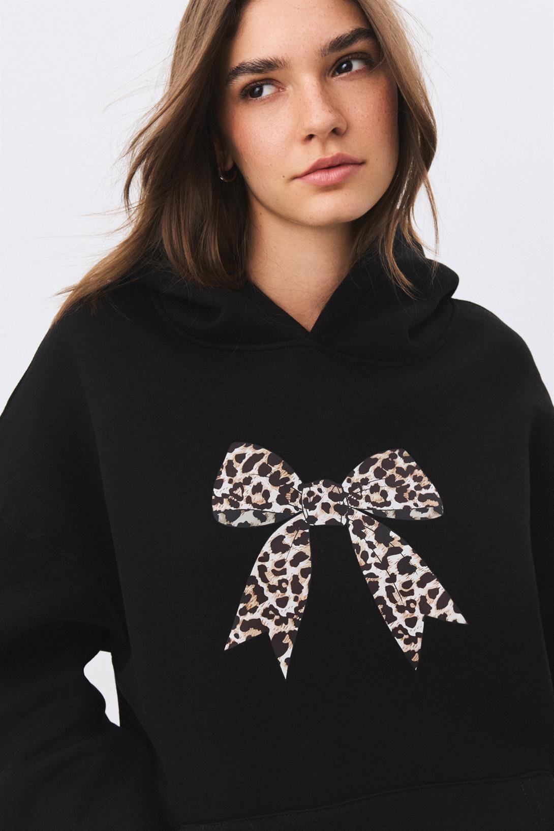 Kadın Leopar Kurdele Sweatshirt Siyah