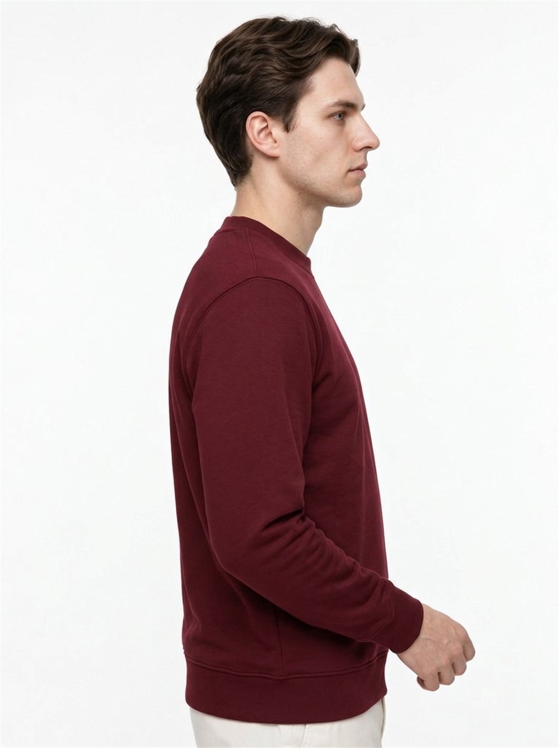 Erkek Standart Fit Normal Kesim 2 İplik Bisiklet Yaka Sweatshirt Bordo