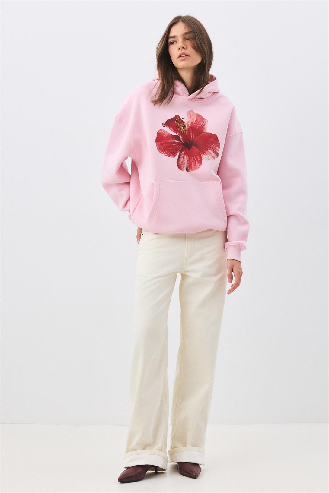 Kadın Red Hibiscus Sweatshirt Pembe