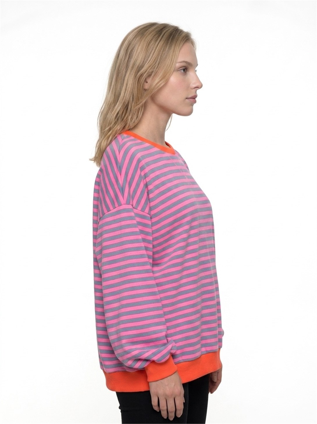 Kadın Çizgili Ribanalı Oversize Sweatshirt Gri Pembe