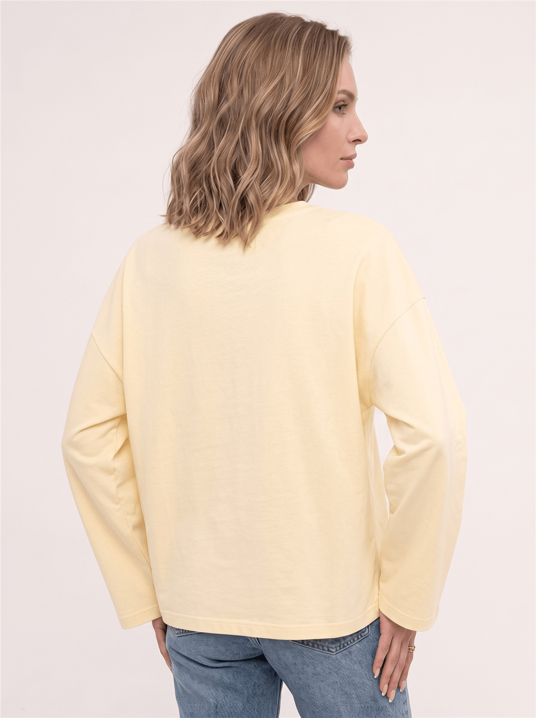 Kadın %100 Pamuk Bisiklet Yaka Uzun Kollu T-shirt Sarı 