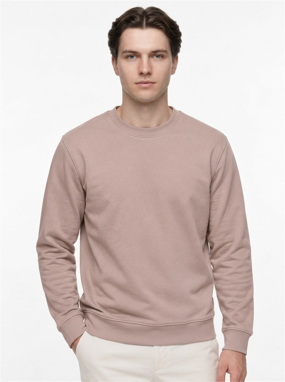 Erkek Standart Fit Normal Kesim 2 İplik Bisiklet Yaka Sweatshirt Vizon