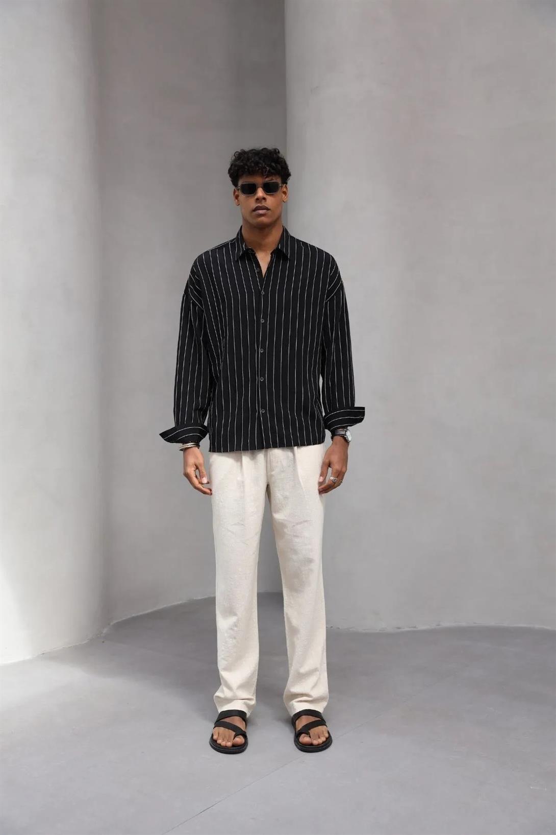 Erkek Premium Yumuşak Dokulu Çizgili Gömlek Siyah