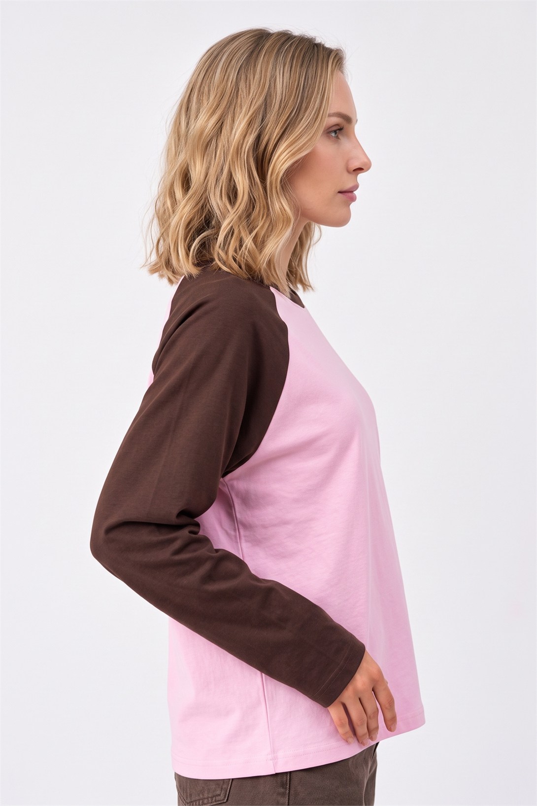 Kadın Reglan Kol Uzun Kollu Interlok T-Shirt Kahve Pembe