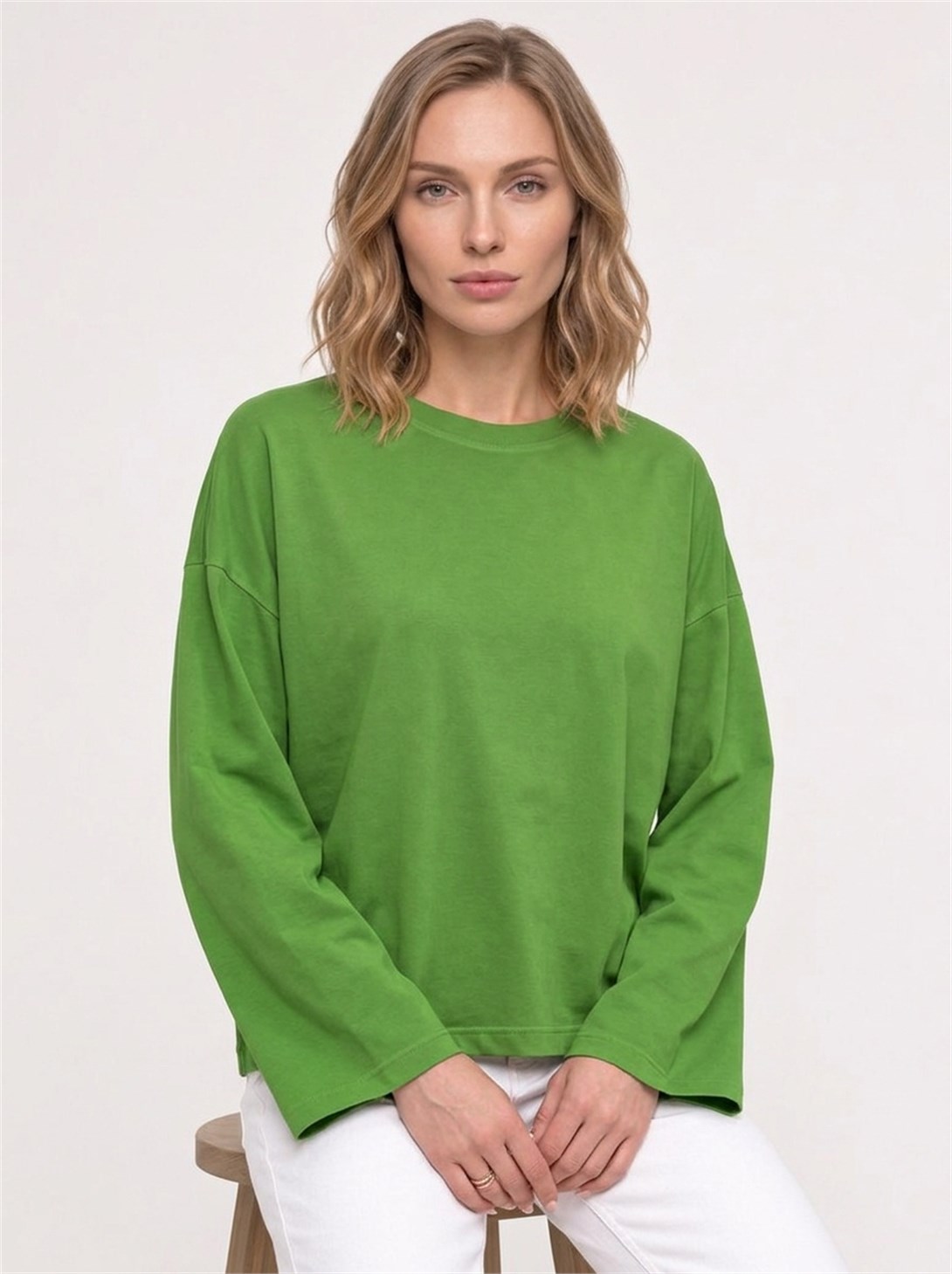 Kadın %100 Pamuk Bisiklet Yaka Uzun Kollu T-shirt Yeşil