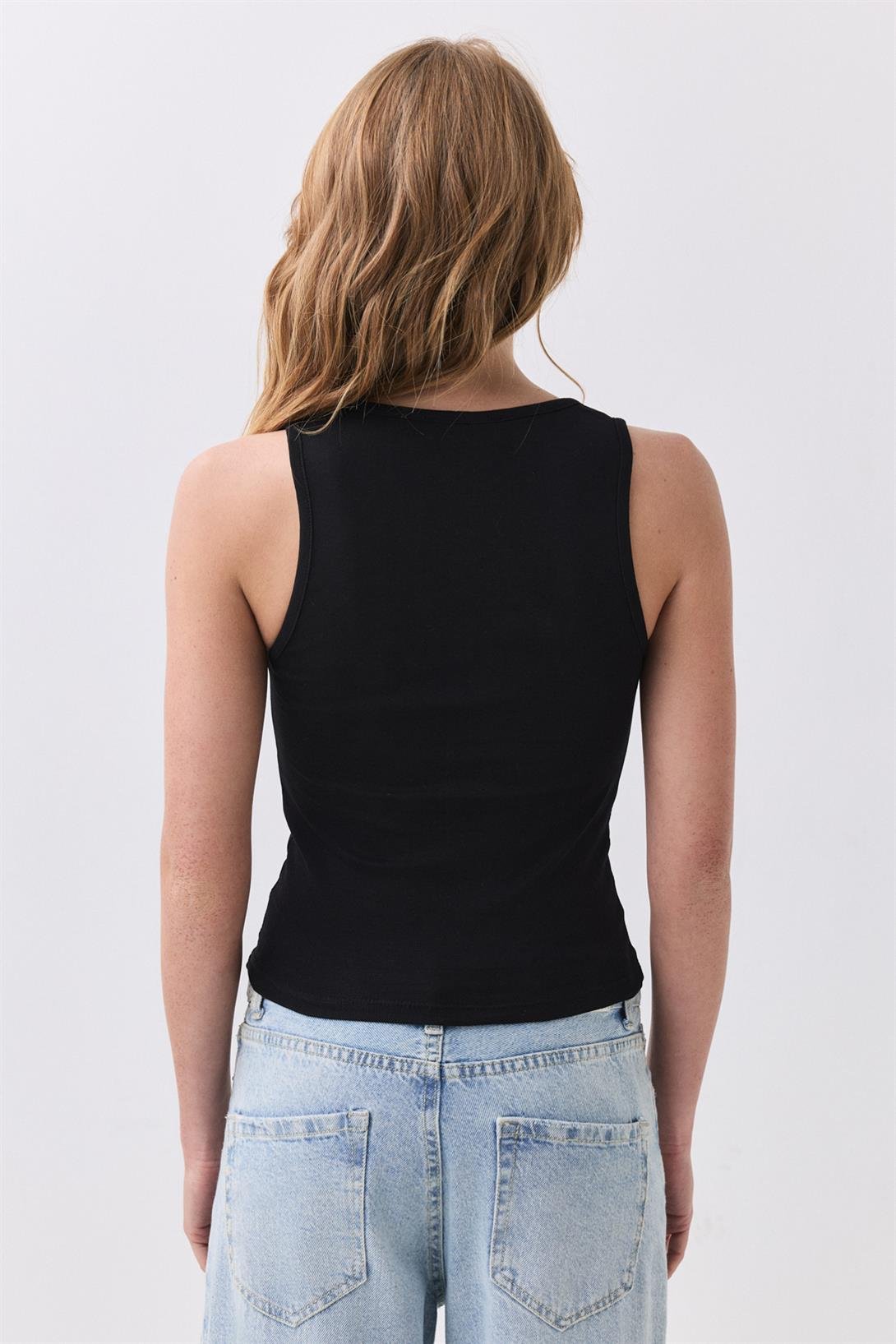 Kadın Fitilli Görünümlü Kalın Askılı Atlet Siyah 9012