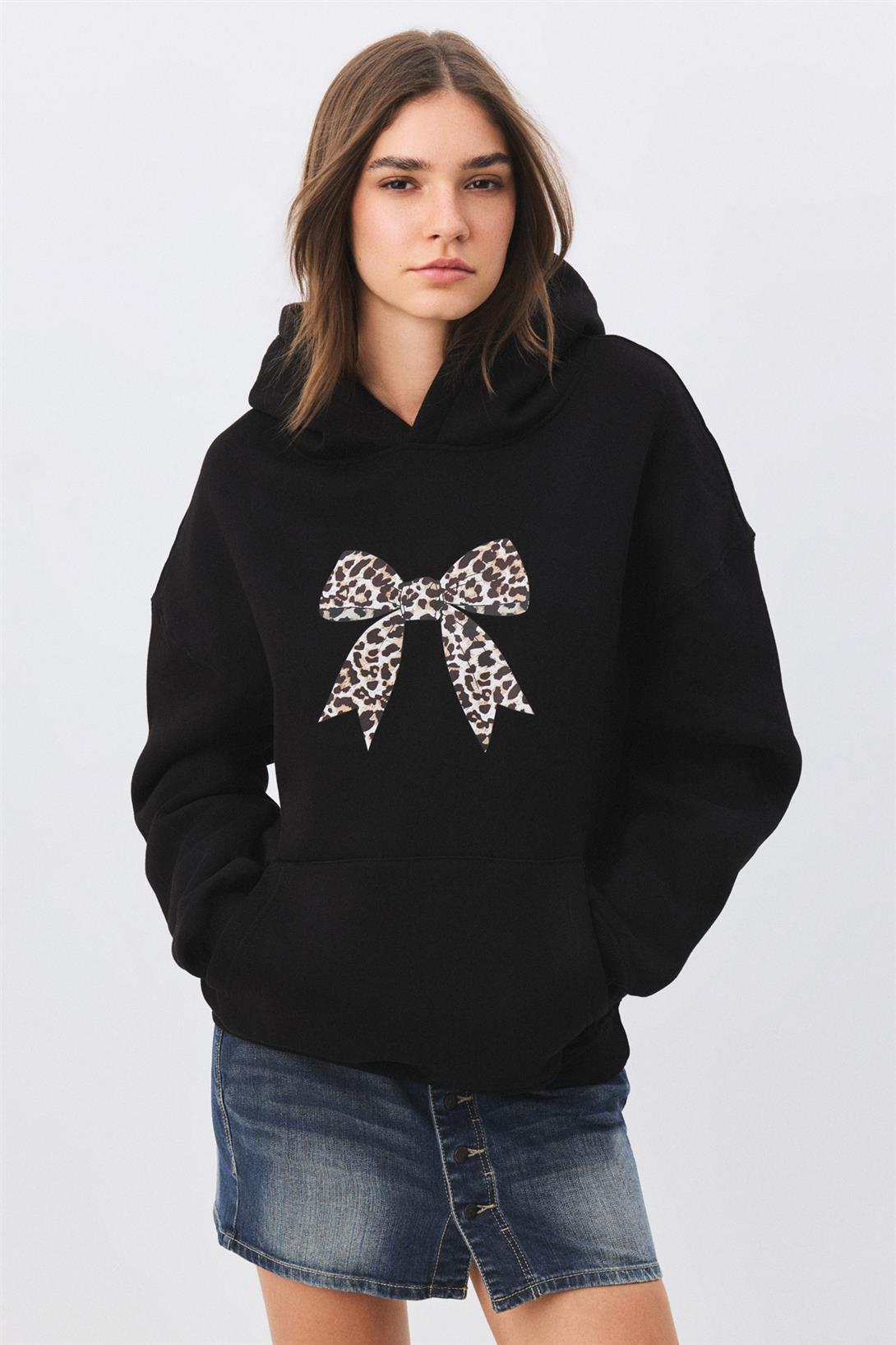 Kadın Leopar Kurdele Sweatshirt Siyah