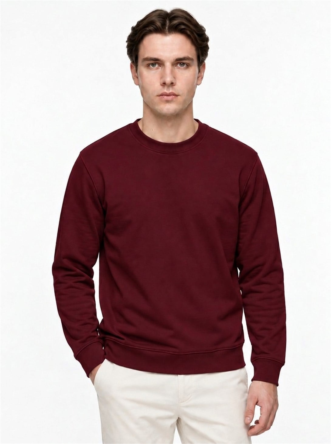Erkek Standart Fit Normal Kesim 2 İplik Bisiklet Yaka Sweatshirt Bordo