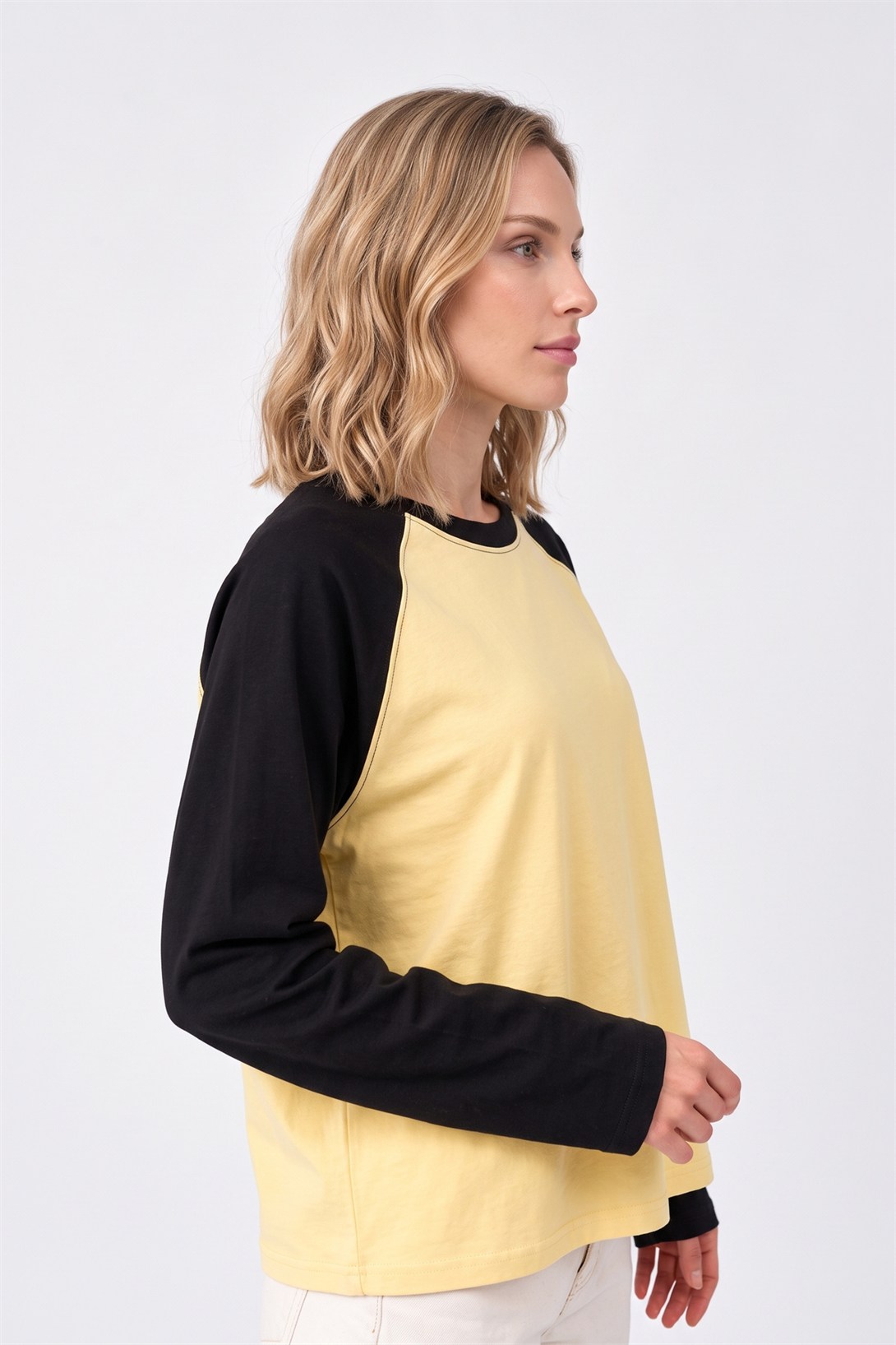 Kadın Reglan Kol Uzun Kollu Interlok T-Shirt Sarı Siyah 