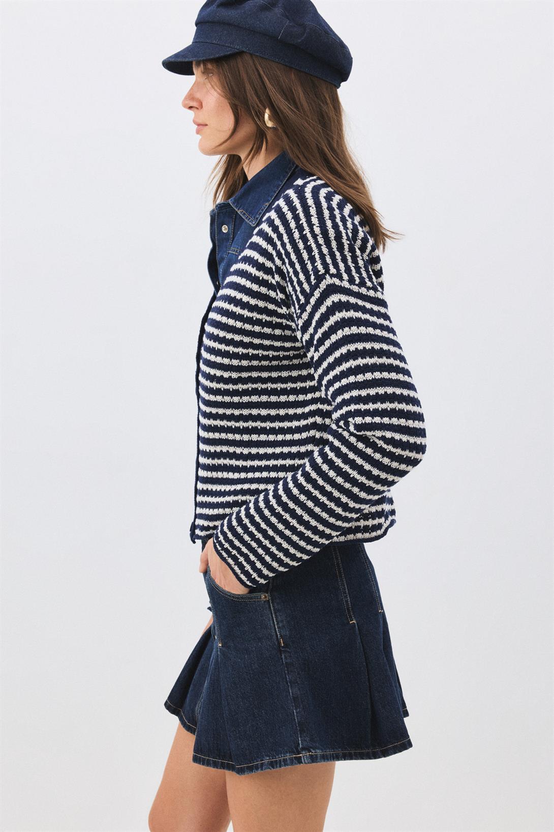 Kadın V Yaka İnce Çizgili Triko Hırka Lacivert 6948