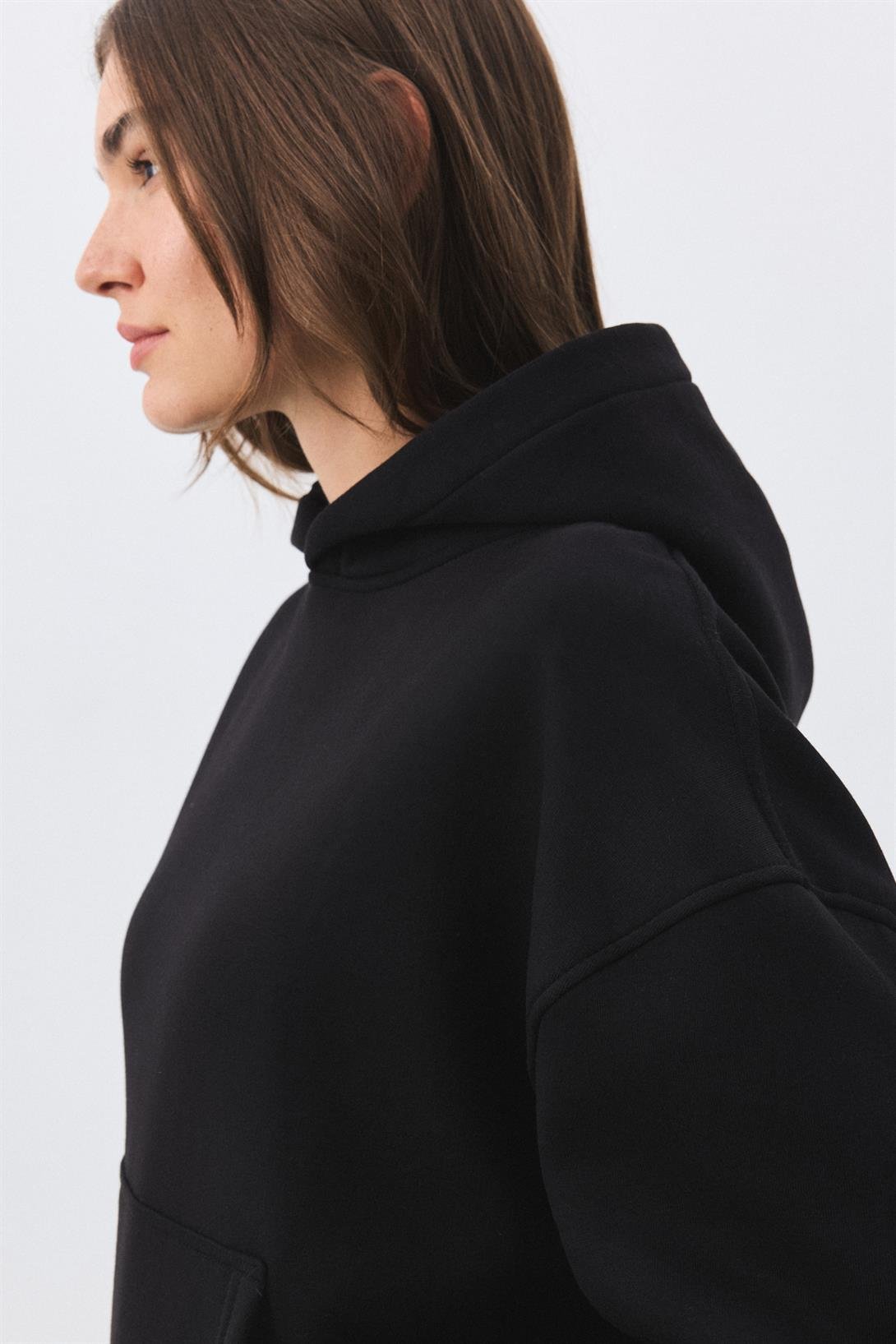 Kadın Premium Kapşonlu Cep Detaylı Eşofman Takımı Siyah 2033