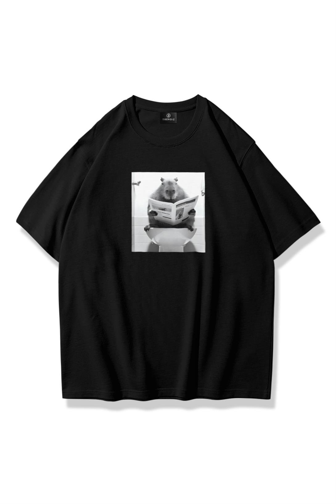 Unisex Hamster Gazete Tshirt Siyah