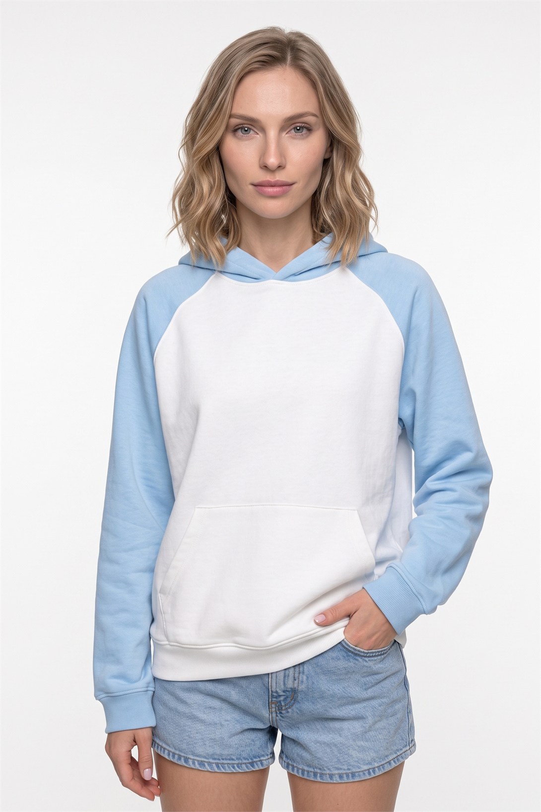 Kadın Reglan Kol Sweatshırt Mavi Beyaz