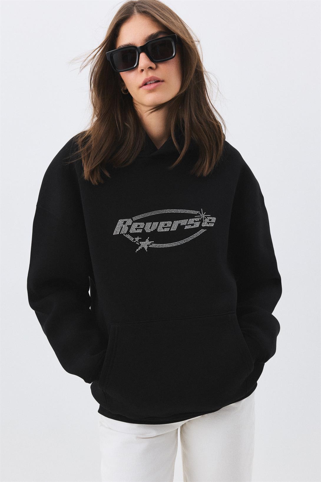 Unisex Reverse Taş Baskılı Sweatshirt Siyah