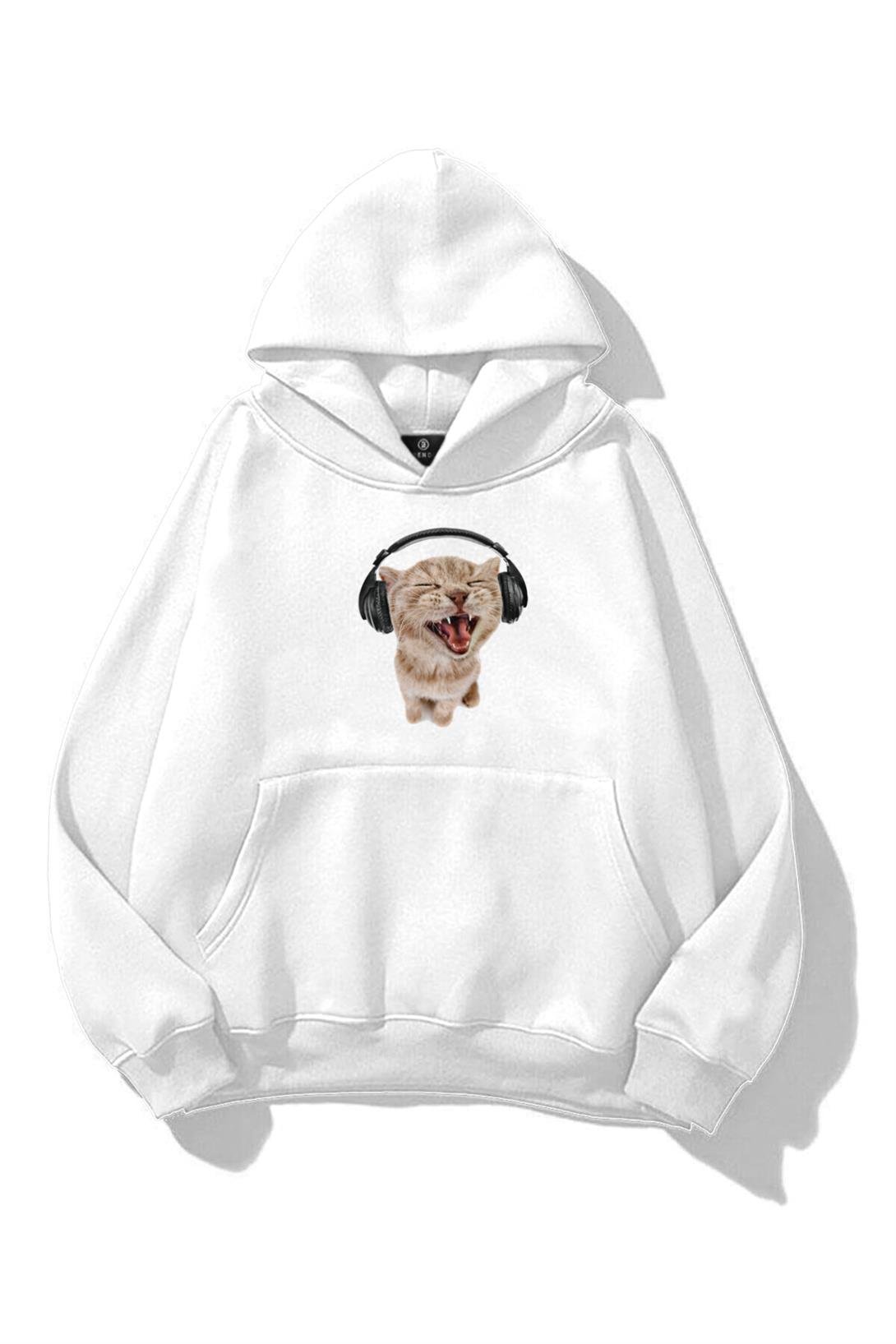 Unisex Kulaklıklı Kedi Sweatshirt Beyaz