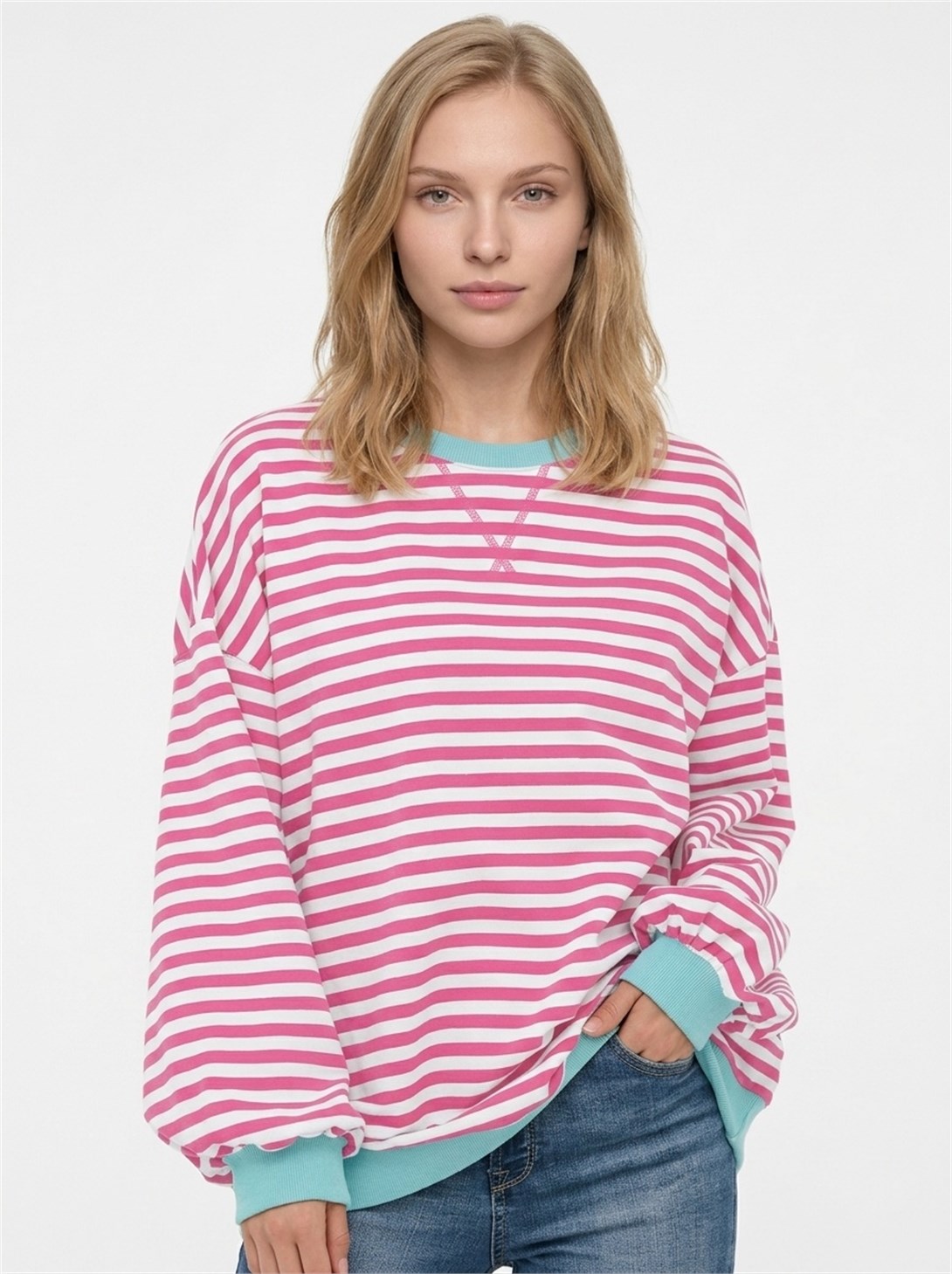 Kadın Çizgili Ribanalı Oversize Sweatshirt Pembe Beyaz