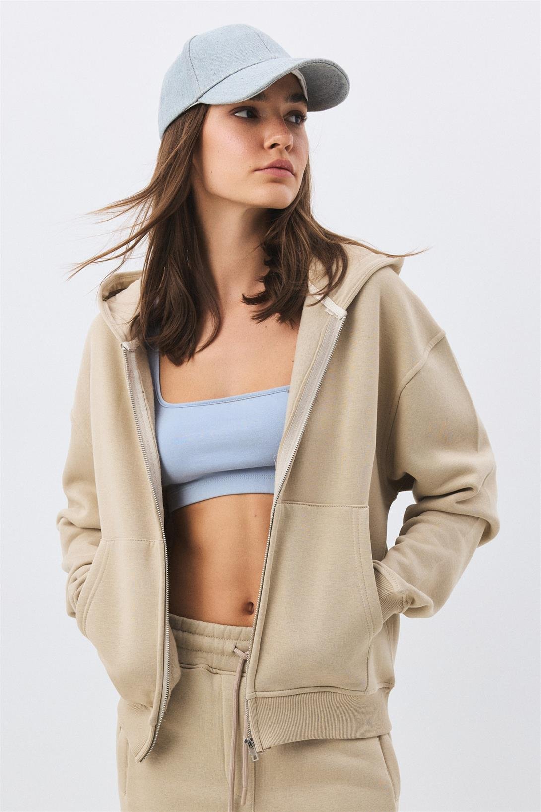 Kadın Premium Fermuarlı Kapşonlu Sweatshirt Taş 2032