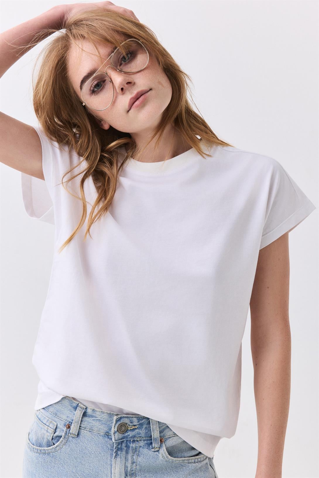 Kadın Karpuz Kol Basic Tshirt Beyaz 5011