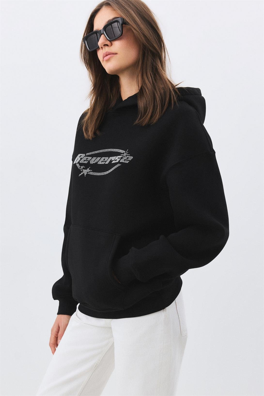 Unisex Reverse Taş Baskılı Sweatshirt Siyah