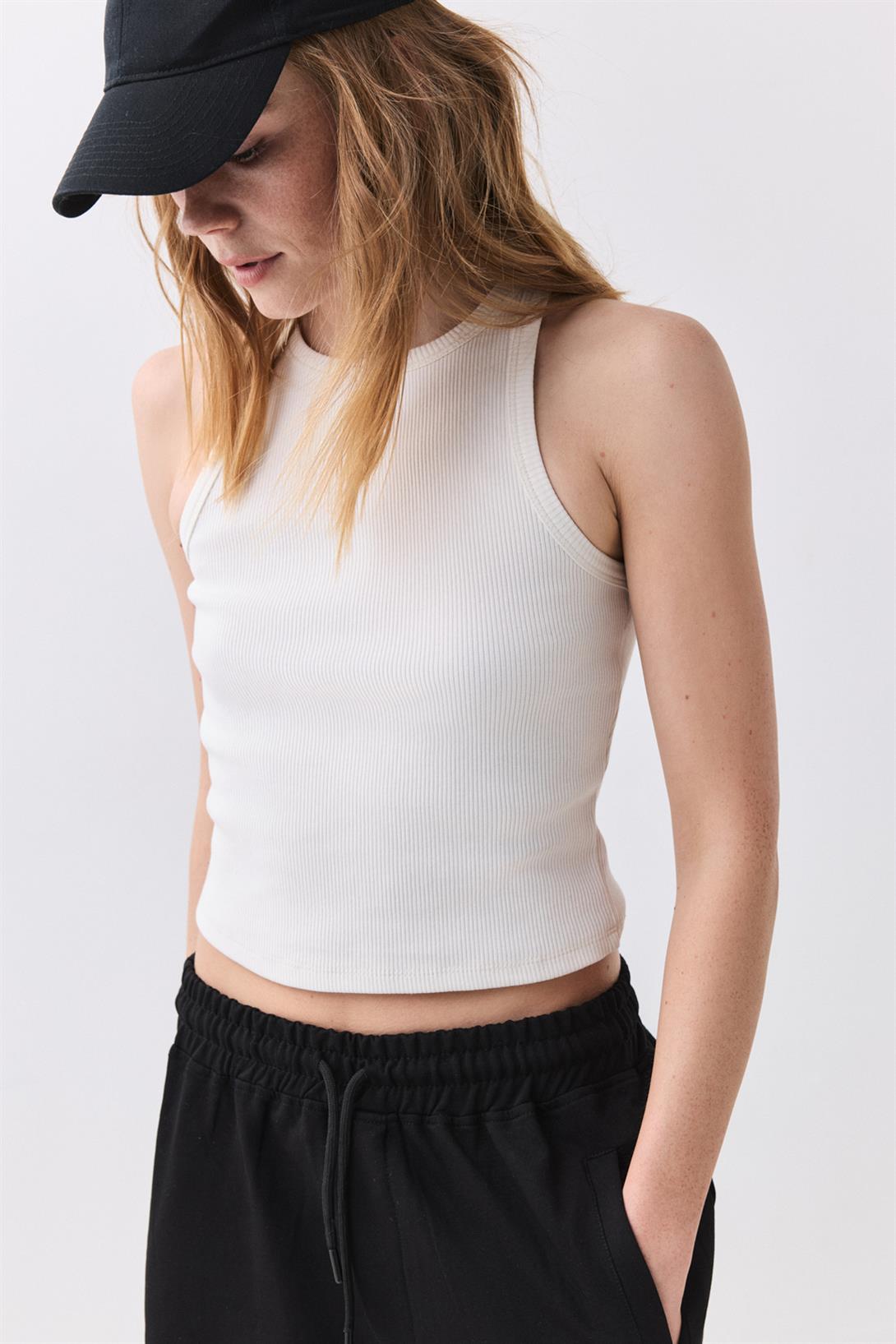 Kadın Bisiklet Yaka Örme Atlet Beyaz 9016