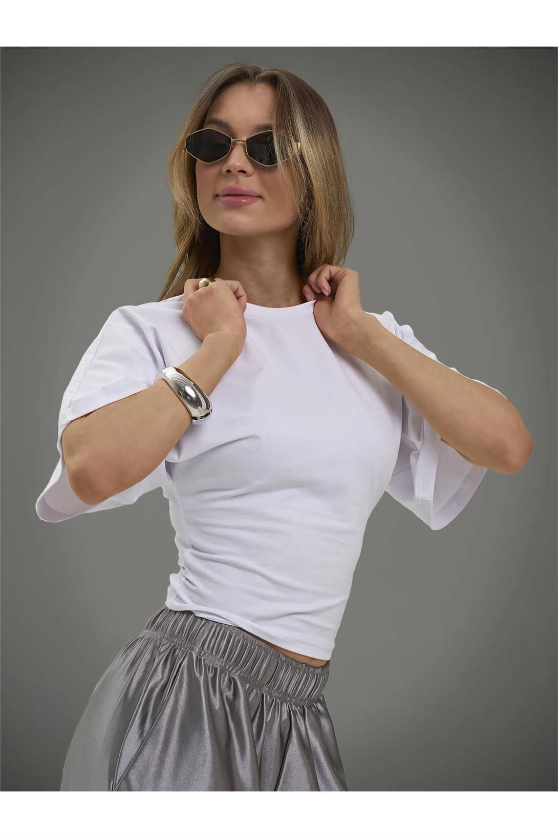Kadın Bele Oturan Geniş Kollu Premium Bluz 2 li Paket Siyah Beyaz