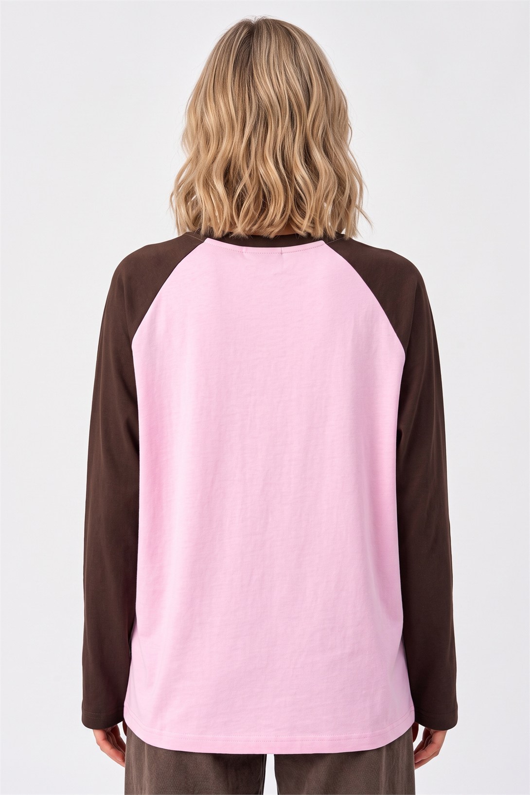Kadın Reglan Kol Uzun Kollu Interlok T-Shirt Kahve Pembe