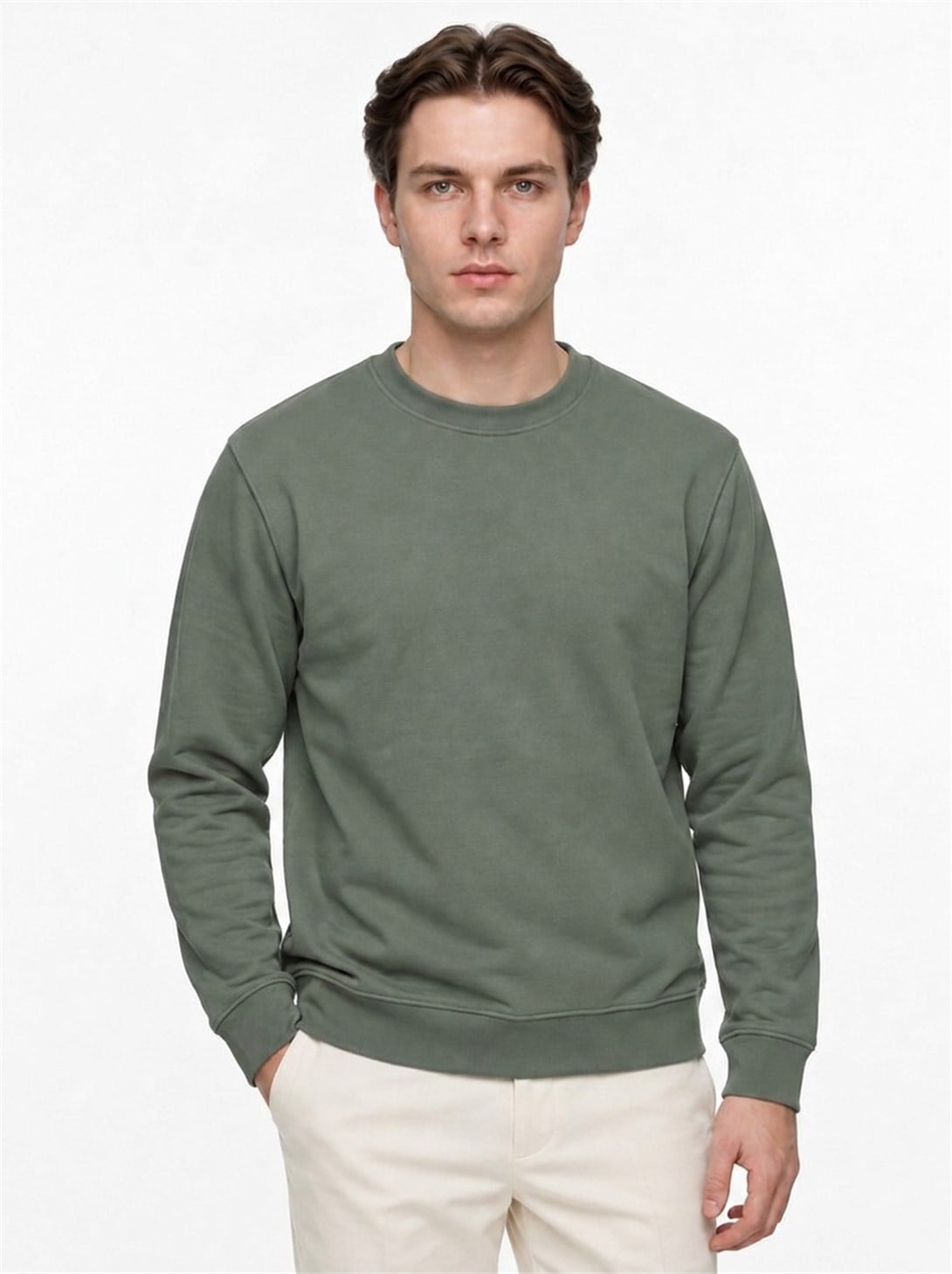Erkek Standart Fit Normal Kesim 2 İplik Bisiklet Yaka Sweatshirt Haki