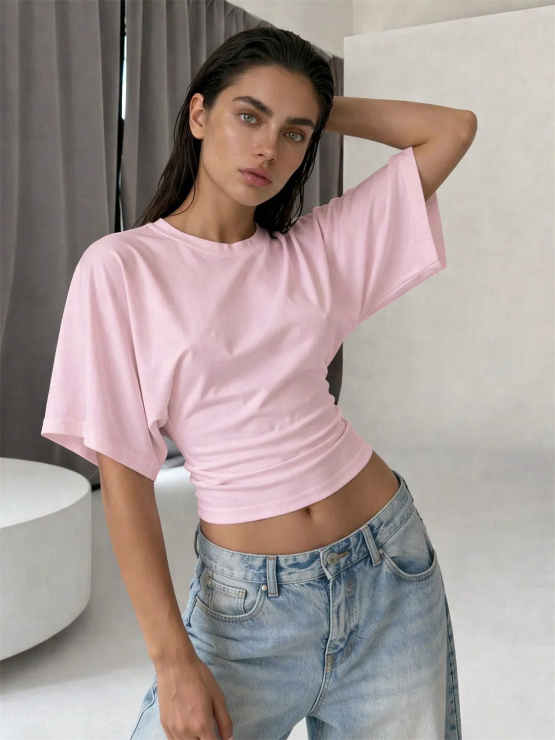 Kadın Bele Oturan Geniş Kollu Premium Bluz Pembe 