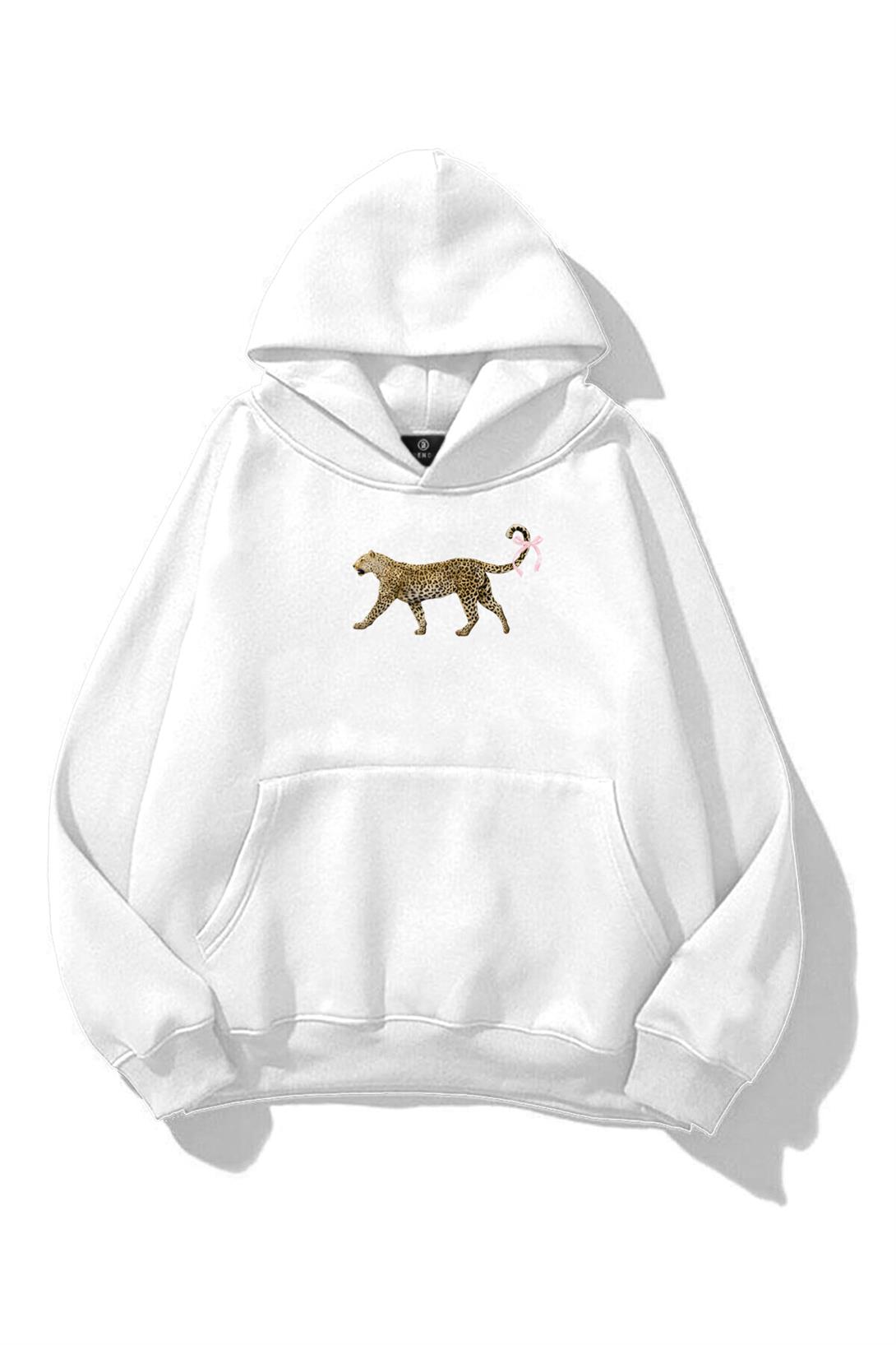 Kadın Leopar Kuyruk Kurdele Sweatshirt Beyaz