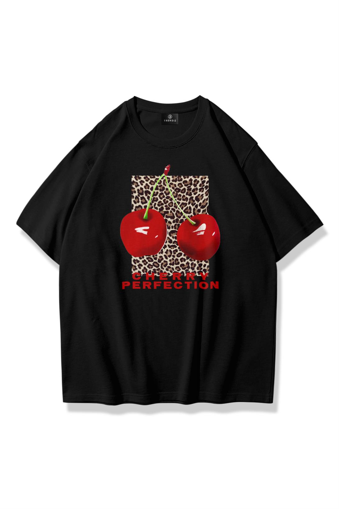 Kadın Cherry Perfection Leopar Tshirt Siyah