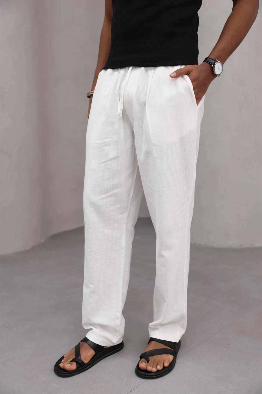 Erkek Premium Rahat Kesim %100 Cotton Bağcıklı Erkek Pantolon Beyaz