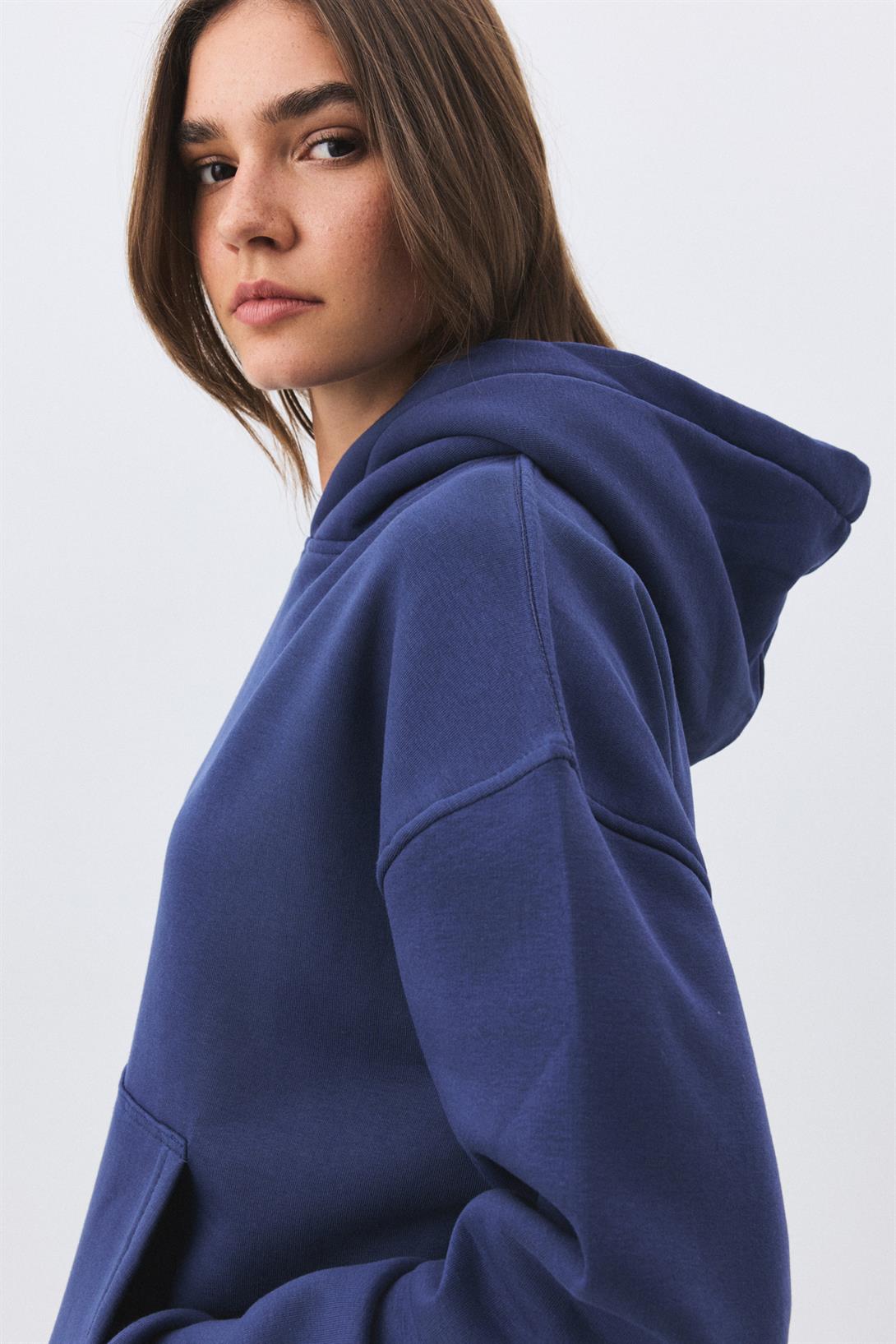 Kadın Premium Kapşonlu Cep Detaylı Eşofman Takımı İndigo 2033