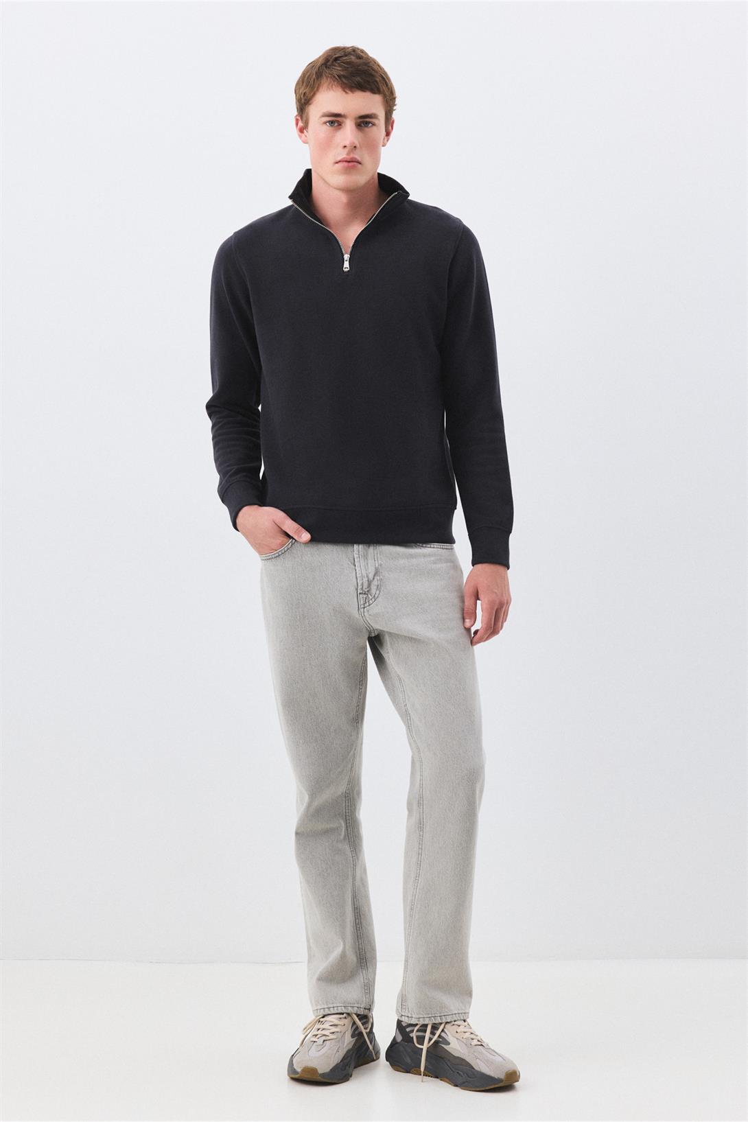 Erkek Standart Fit Pamuklu Selanik Kumaş Yarım Fermuarlı Dik Yaka Sweatshirt Füme