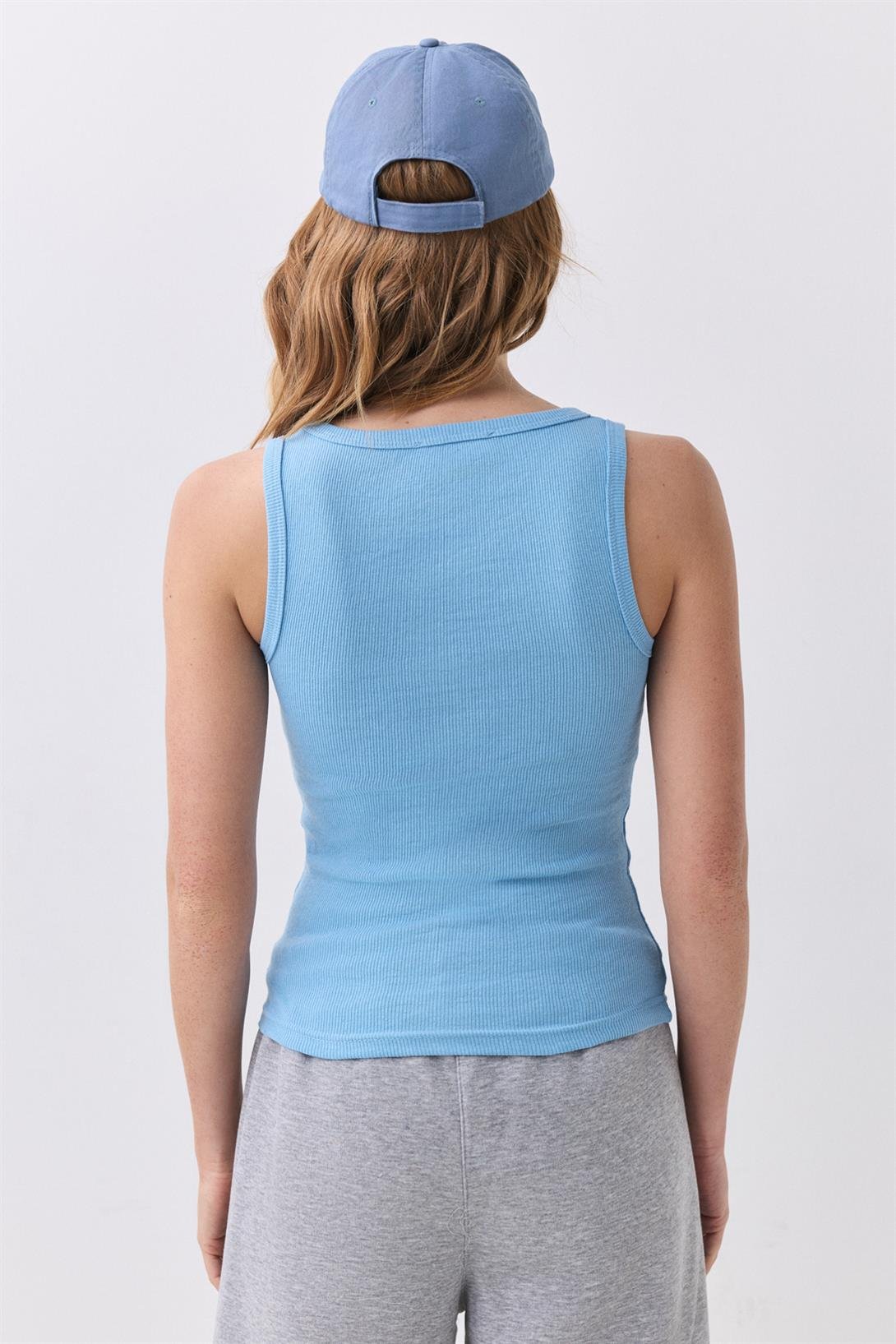 Kadın Fitilli Görünümlü Kalın Askılı Atlet Mavi 9012