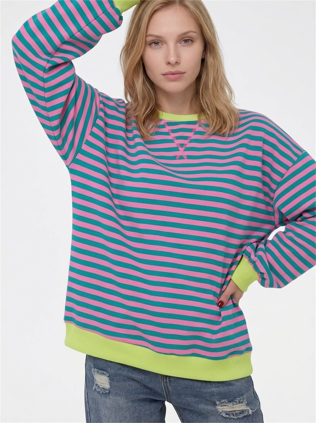 Kadın Çizgili Ribanalı Oversize Sweatshirt Turkuaz Pembe