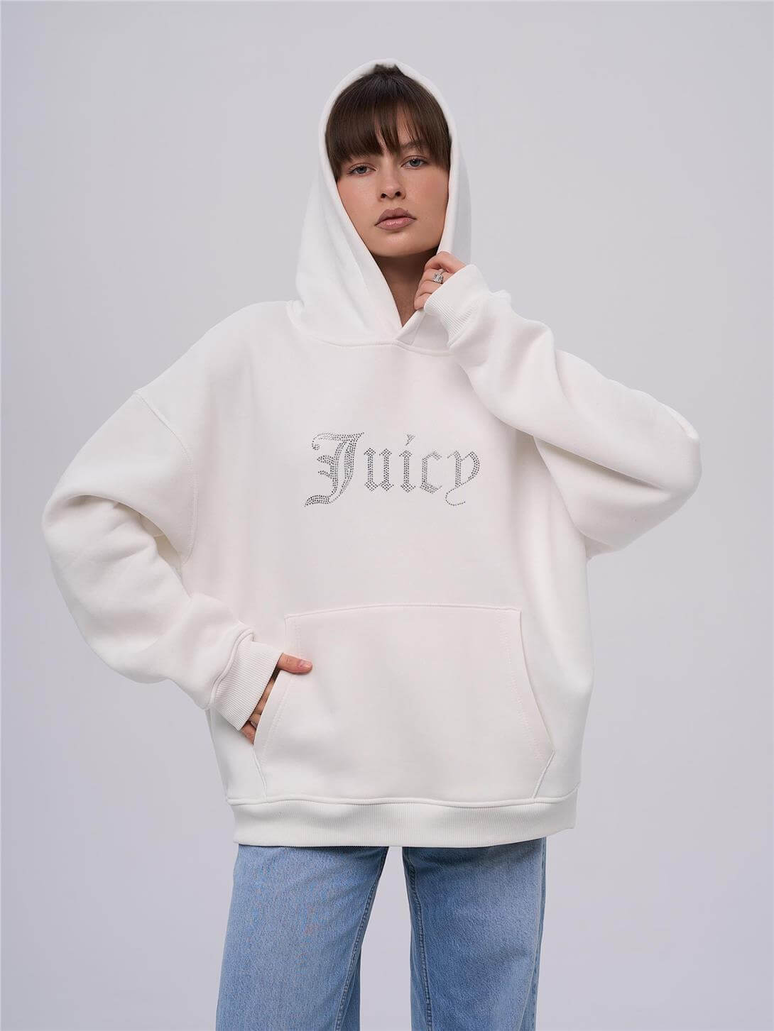Unisex Juiciy Taş Baskılı Sweatshirt Beyaz
