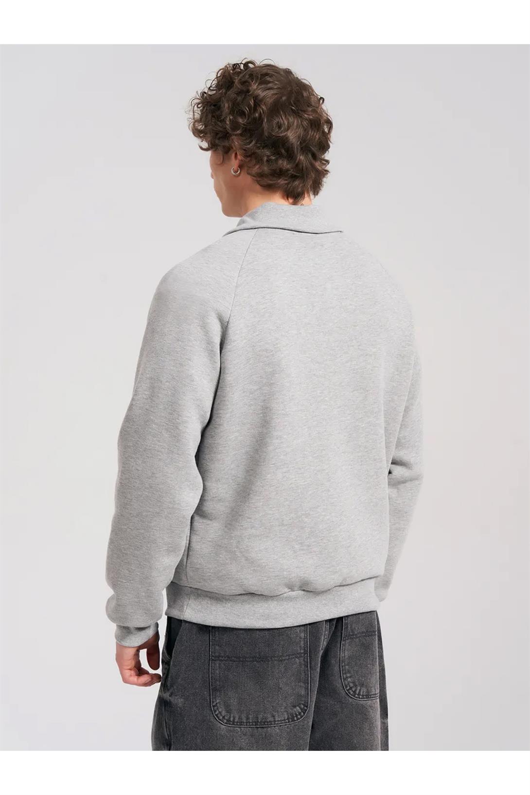Unisex Relaxed Fit Yarım Fermuarlı Dik Yaka Sweatshirt Gri melanj 2052