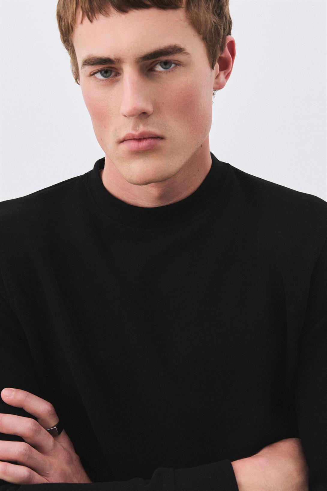 Erkek Slim Fit Pamuklu Selanik Kumaş Bisiklet Yaka Sweatshirt Siyah