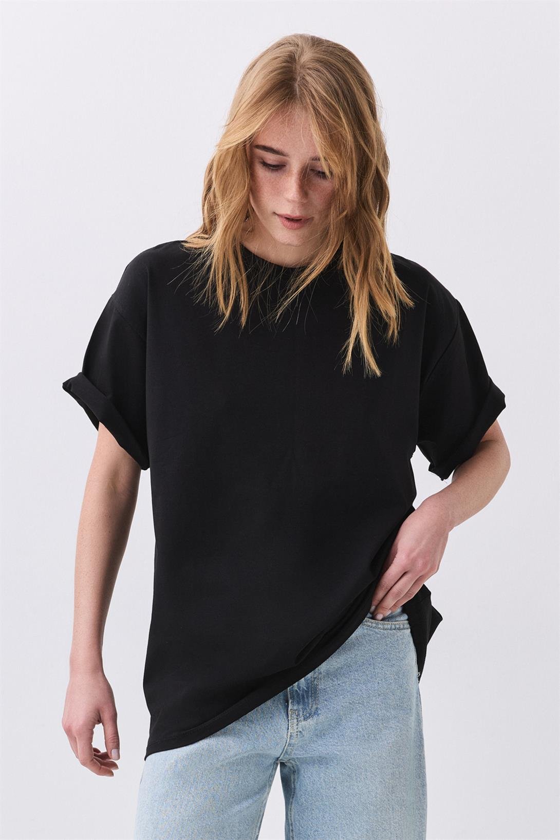Kadın Pamuk Oversize Basic Tshirt Siyah 5012