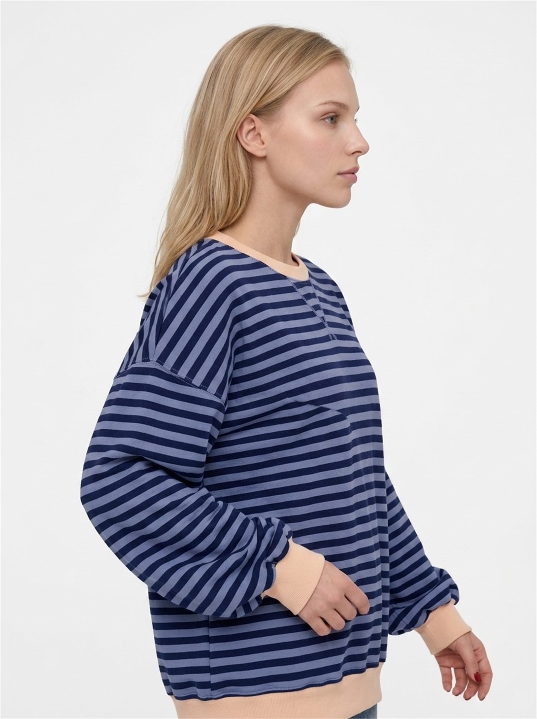 Kadın Çizgili Ribanalı Oversize Sweatshirt Lacivert Mavi