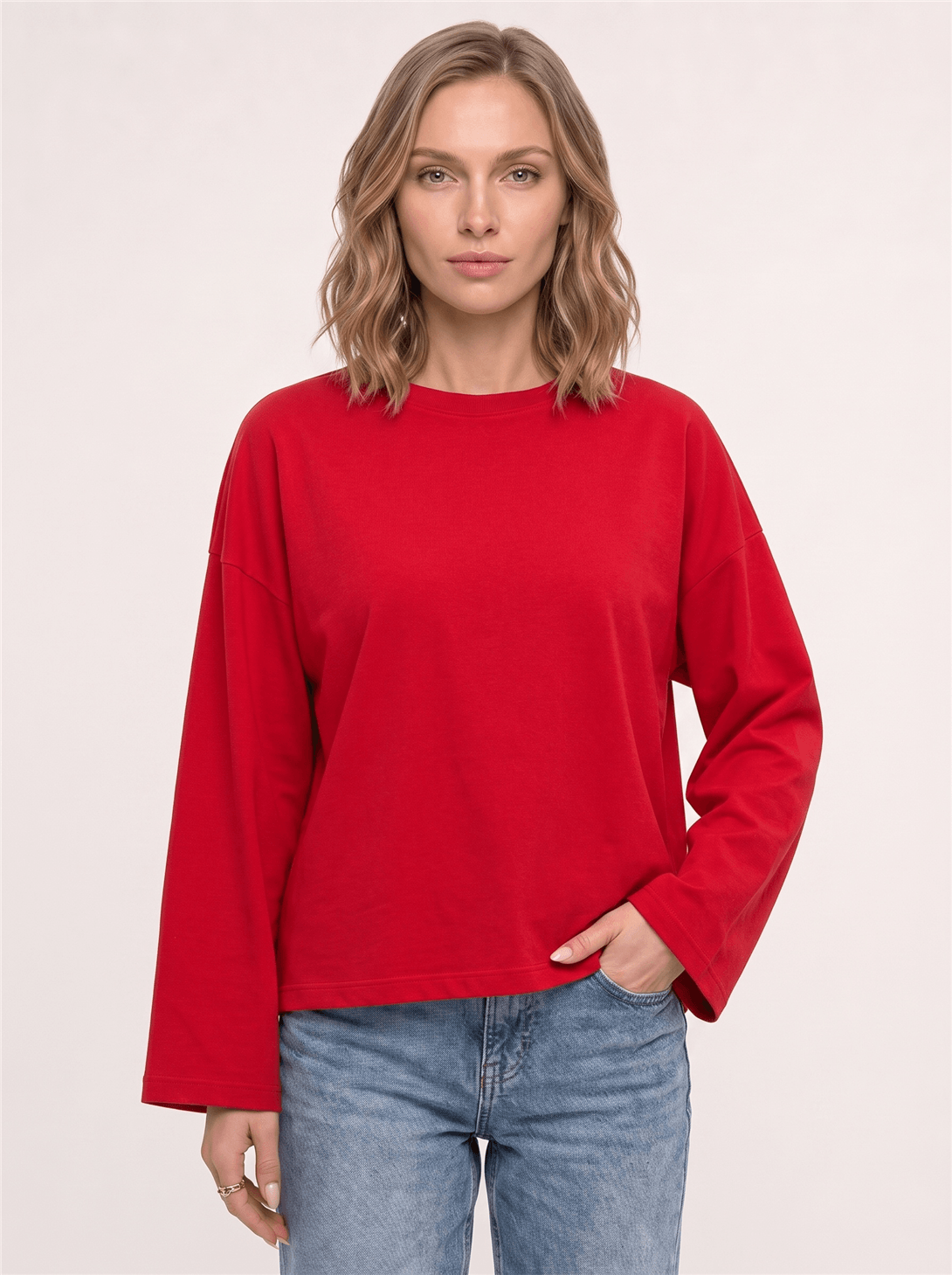 Kadın %100 Pamuk Bisiklet Yaka Uzun Kollu T-shirt Kırmızı 