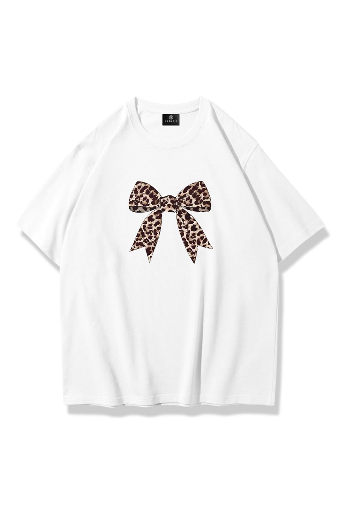 Kadın Leopar Kurdele Tshirt Beyaz