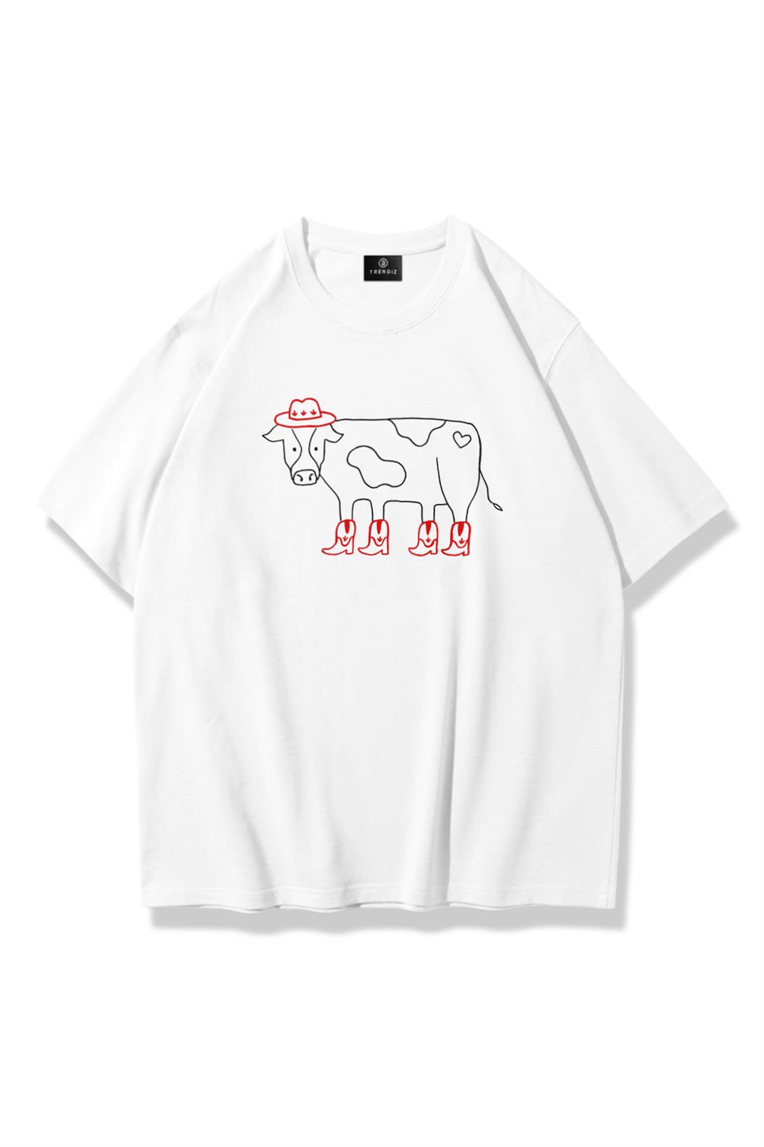 Kadın Kovboy İnek Tshirt Beyaz