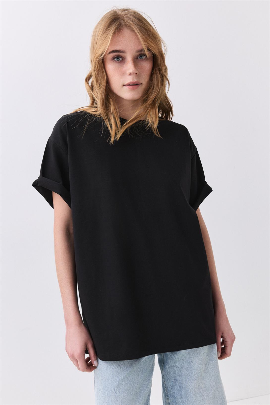 Kadın Pamuk Oversize Basic Tshirt Siyah 5012